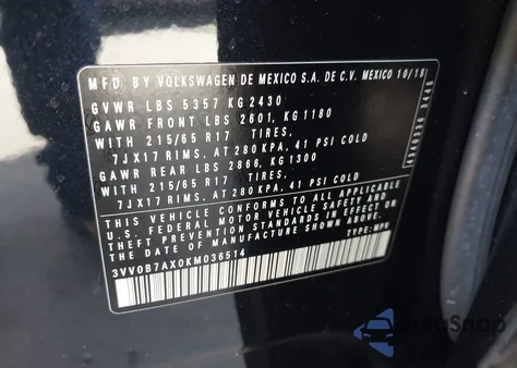 2019 Volkswagen Tiguan 2.0T S z USA, uszkodzony, nr VIN 3VV0B7AX0KM036514